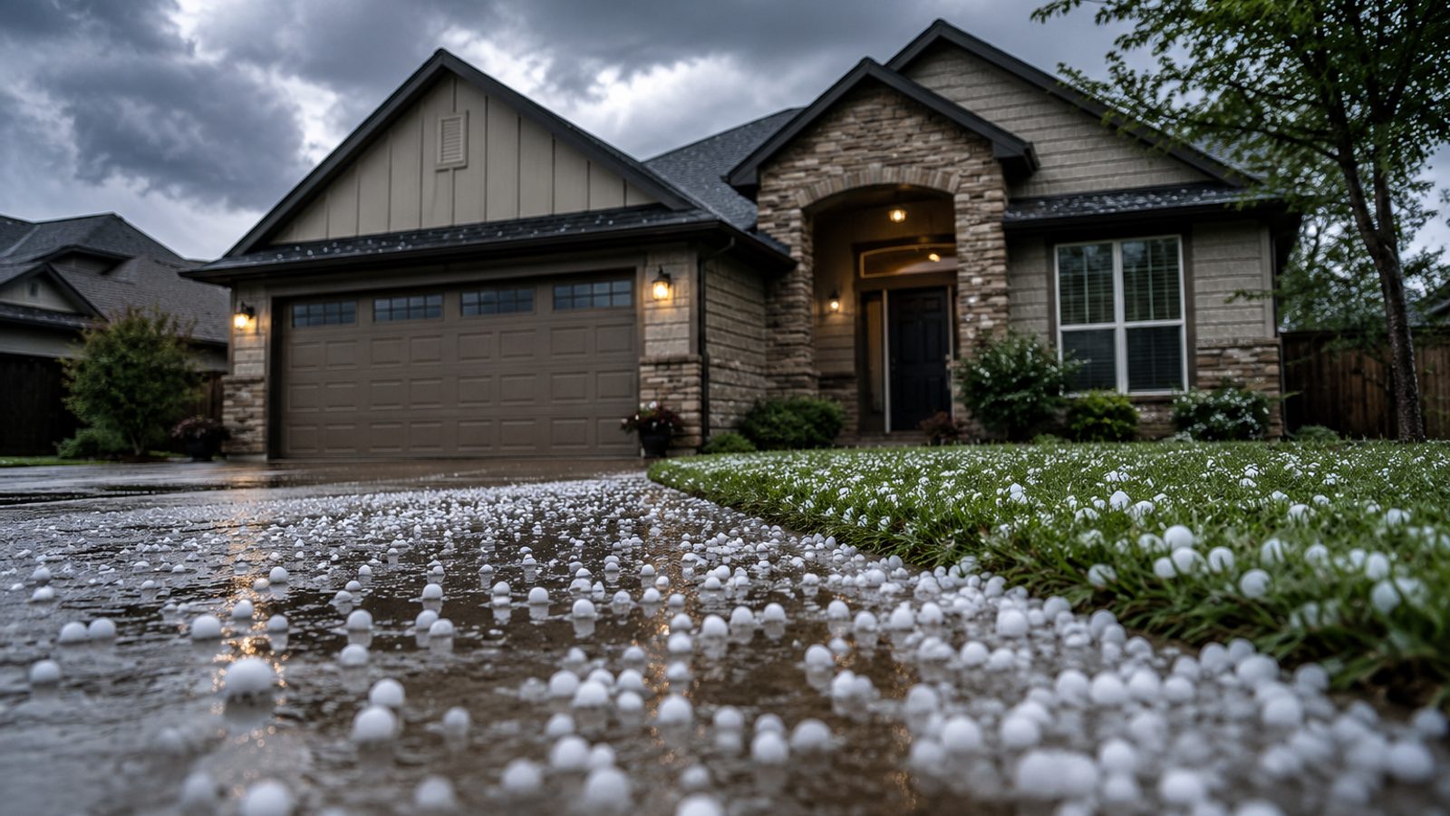 Large hailstones scattered across a driveway and lawn after a severe storm at an Indianapolis-area home