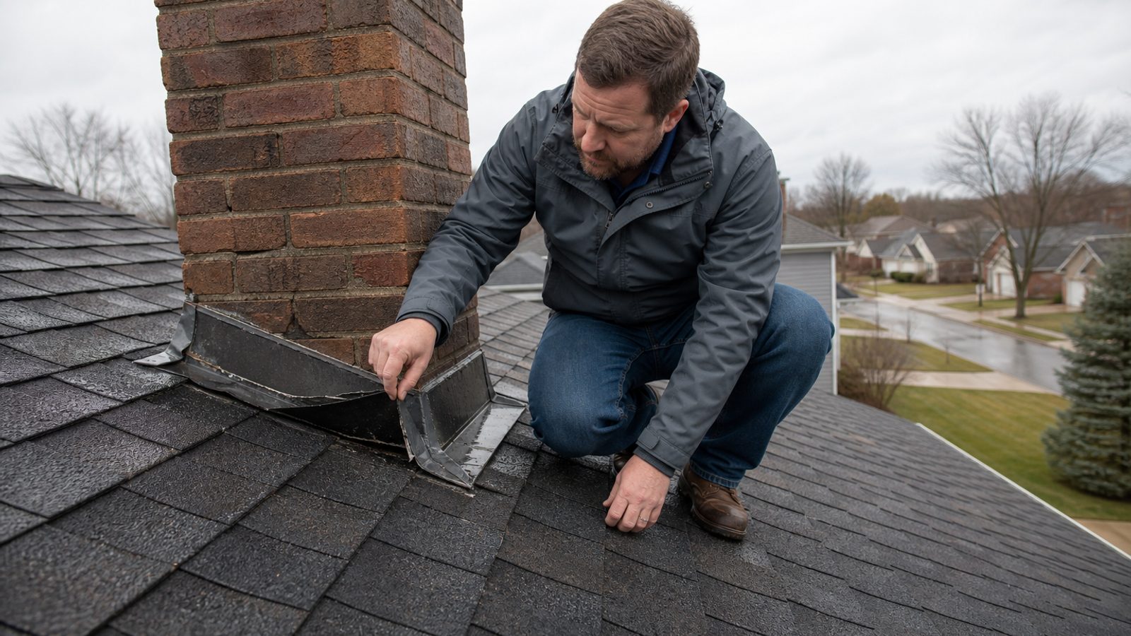 Homeowner and inspector examining a water stain on a ceiling caused by a roof leak in Indianapolis