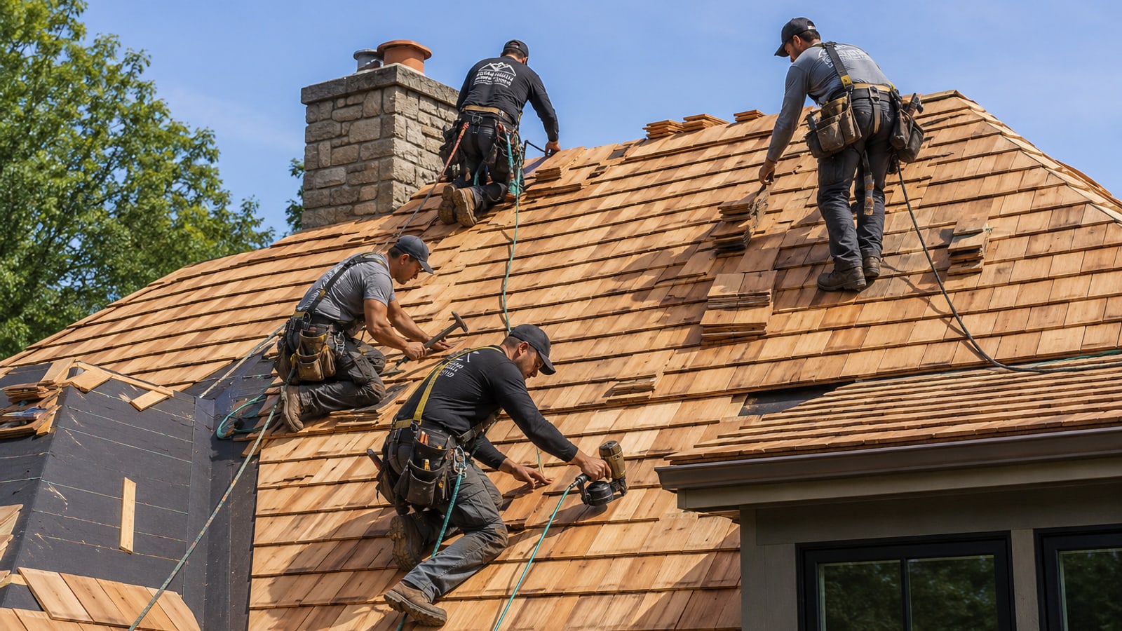 Roofing crew installing a new cedar shake roof on a central Indiana home on a clear summer day
