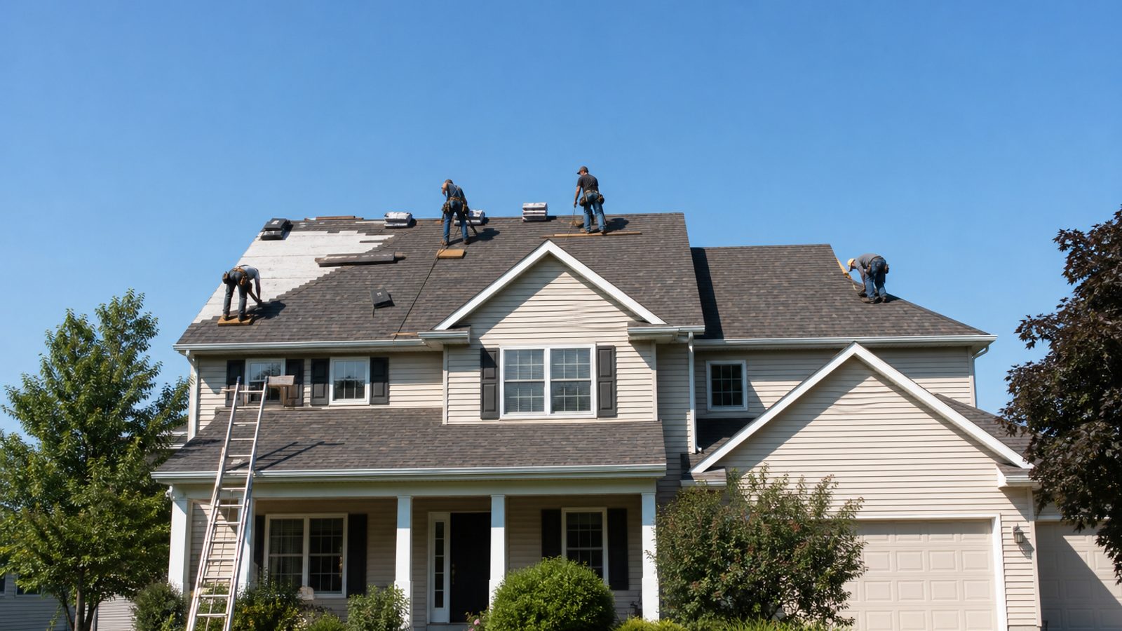 Roofing crew installing Owens Corning architectural shingles on a home in the Indianapolis area