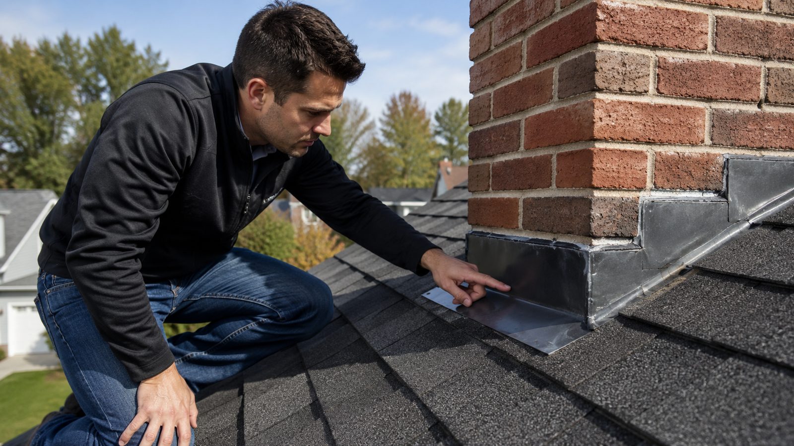 A Simple Roofing inspector checks the chimney flashing during a roof inspection in Indianapolis, Indiana