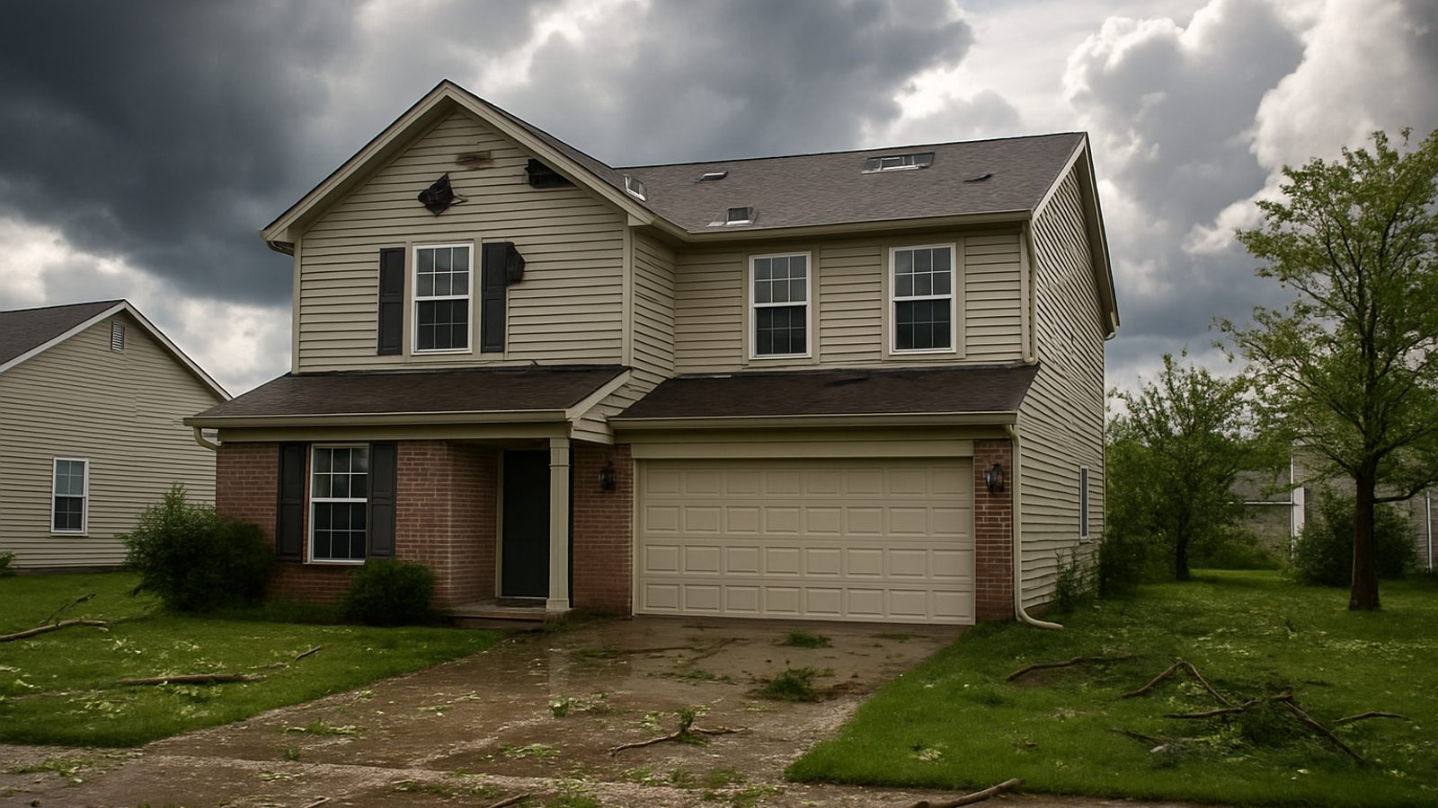 A central Indiana suburban home with scattered debris and missing shingles the morning after a severe storm, in need of emergency roof repair